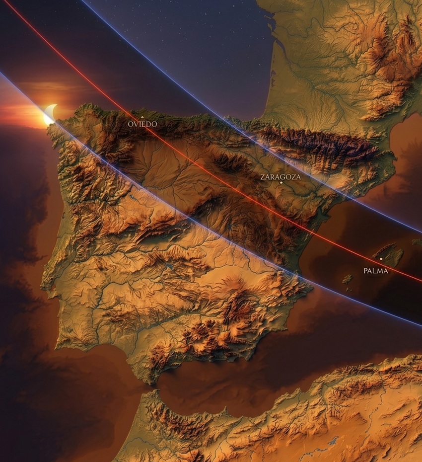 mapa de la franja de totalidad del eclipse solar del 12 de agosto de 2026 en España