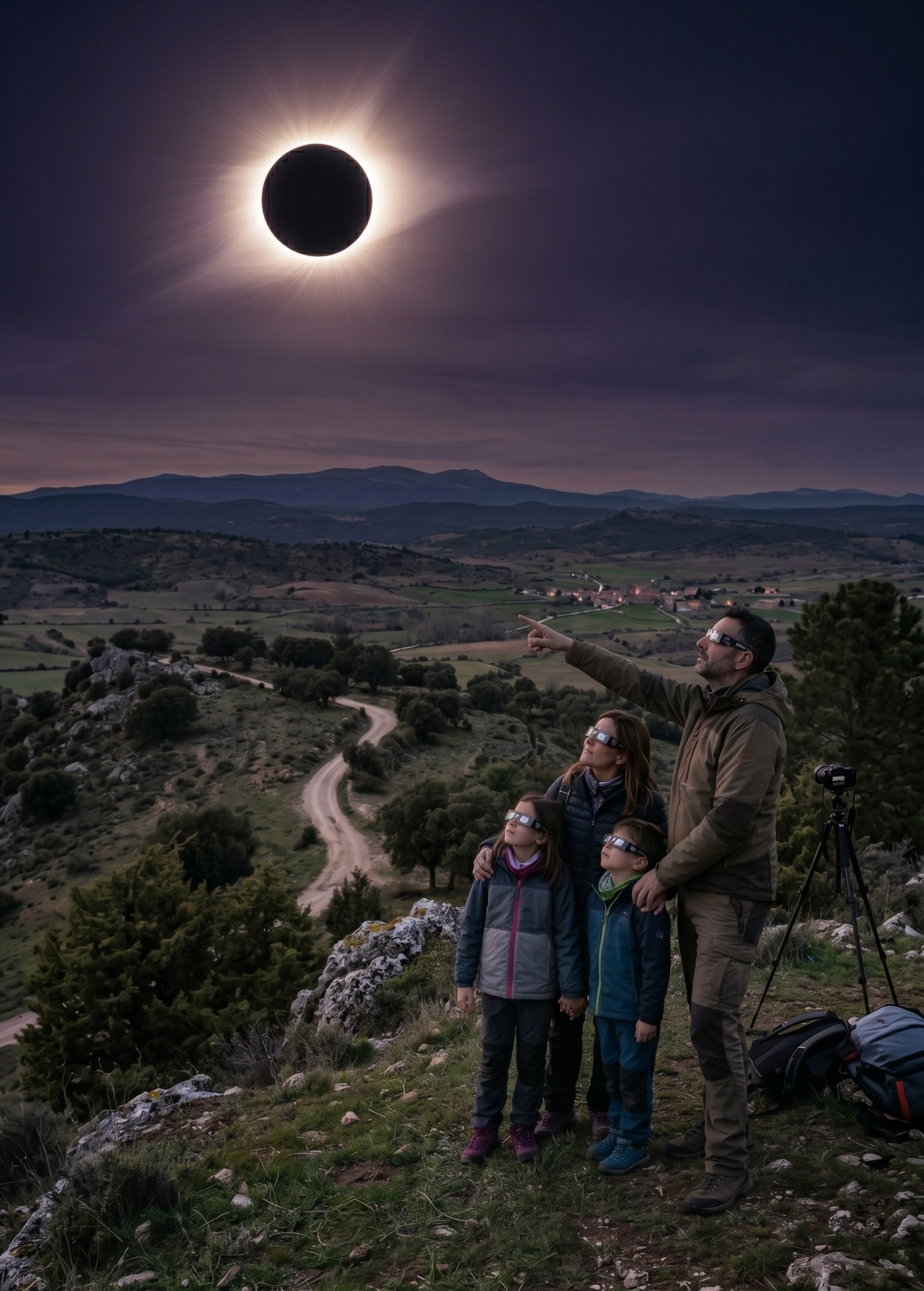 niños viendo un eclipse solar con gafas de protección