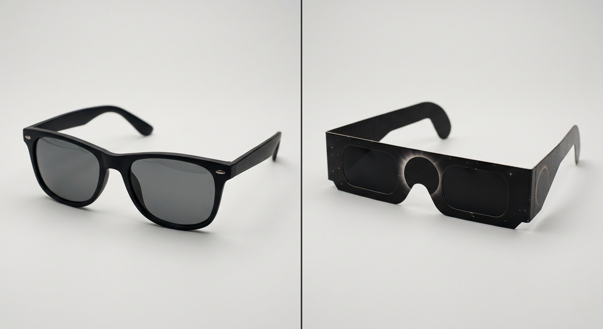 comparacion entre gafas de sol normales y gafas para eclipse solar