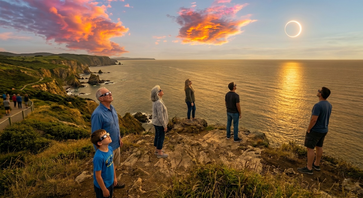 personas viendo eclipse solar 2026 desde la costa con gafas de seguridad